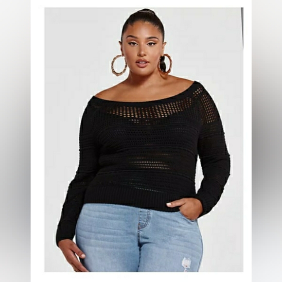 Fashion To Figure NWT 3x Black Bianca Pointelle Knit Cropped Sweater - Picture 3 of 10